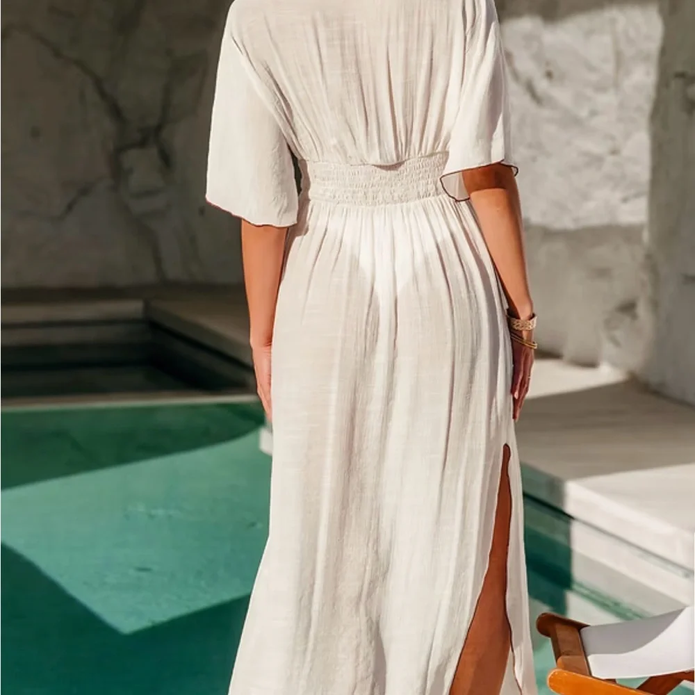 NWY Cupshe Women’s Cream Beach Cover-Up Maxi Dress with Crochet Waist - Picture 2 of 4
